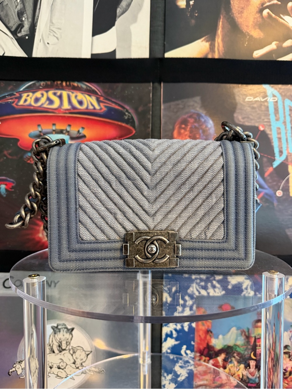 CHANEL Gray Chevron Quilted Boy Crossbody Bag